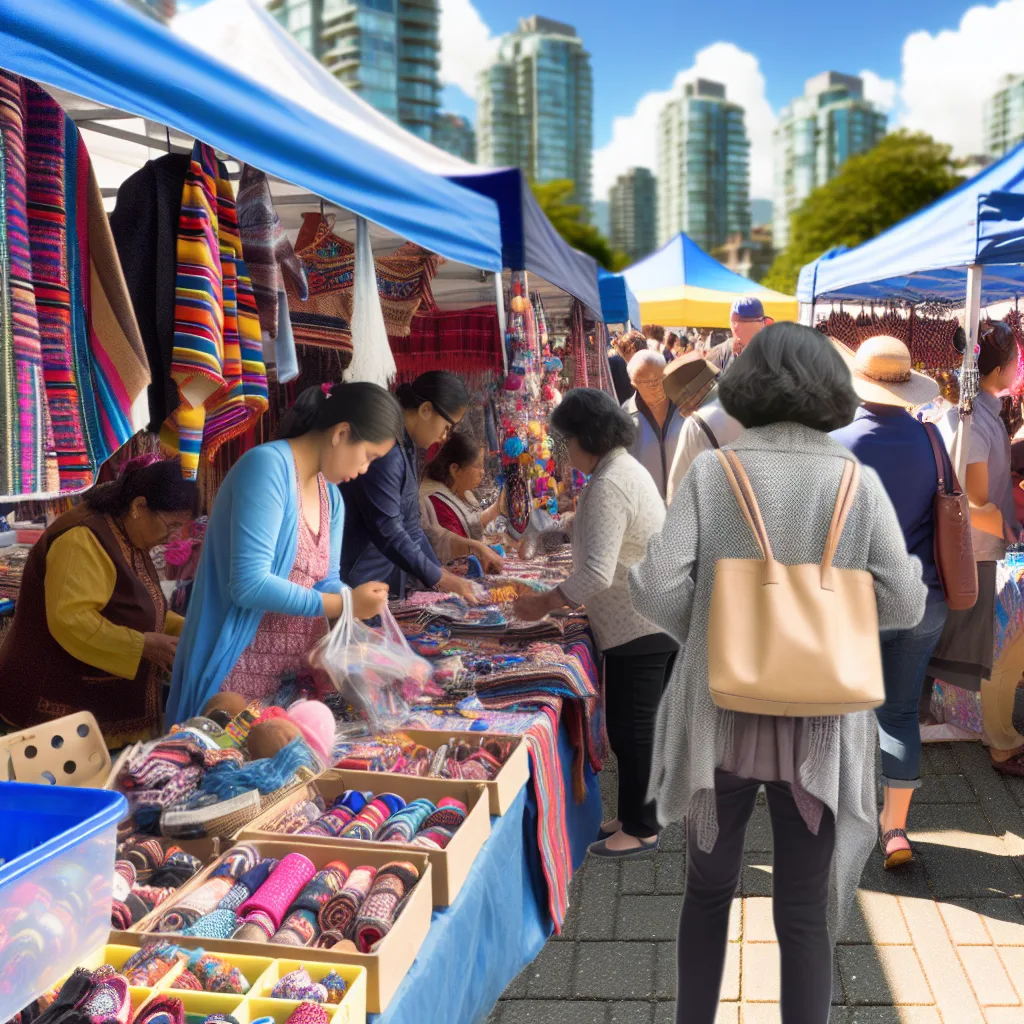 Vancouver eCommerce solutions - A vibrant Vancouver street market scene with local retailers showcasing their products in colorful stalls. The photo should capture the lively atmosphere, with people browsing and engaging with sellers. Use natural light, focusing on the interaction between buyers and sellers, highlighting the eCommerce potential in a physical retail setting. Composition should include the iconic Vancouver skyline online store payment gateways