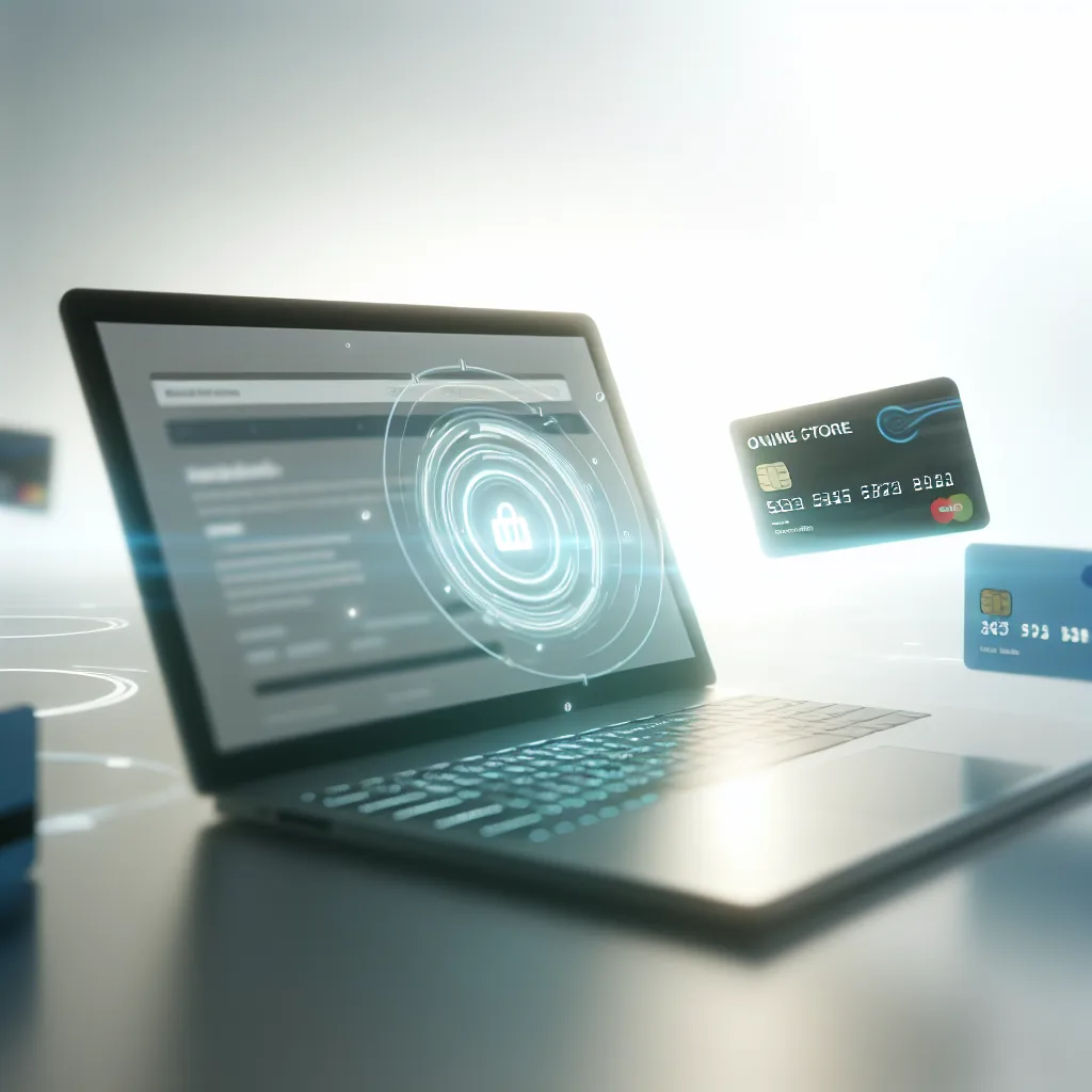 Vancouver eCommerce solutions - A close-up of a laptop displaying an online store interface, surrounded by digital payment tools like credit cards and mobile payment apps. The scene should be set on a clean desk with soft, natural light illuminating the workspace. Use a shallow depth of field to emphasize the laptop screen while blurring the background, creating a professional and modern feel. online store payment gateways
