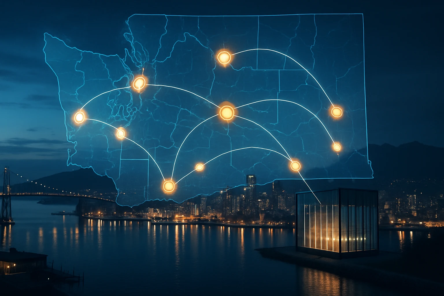 Network nodes linking a coastal city skyline at dusk