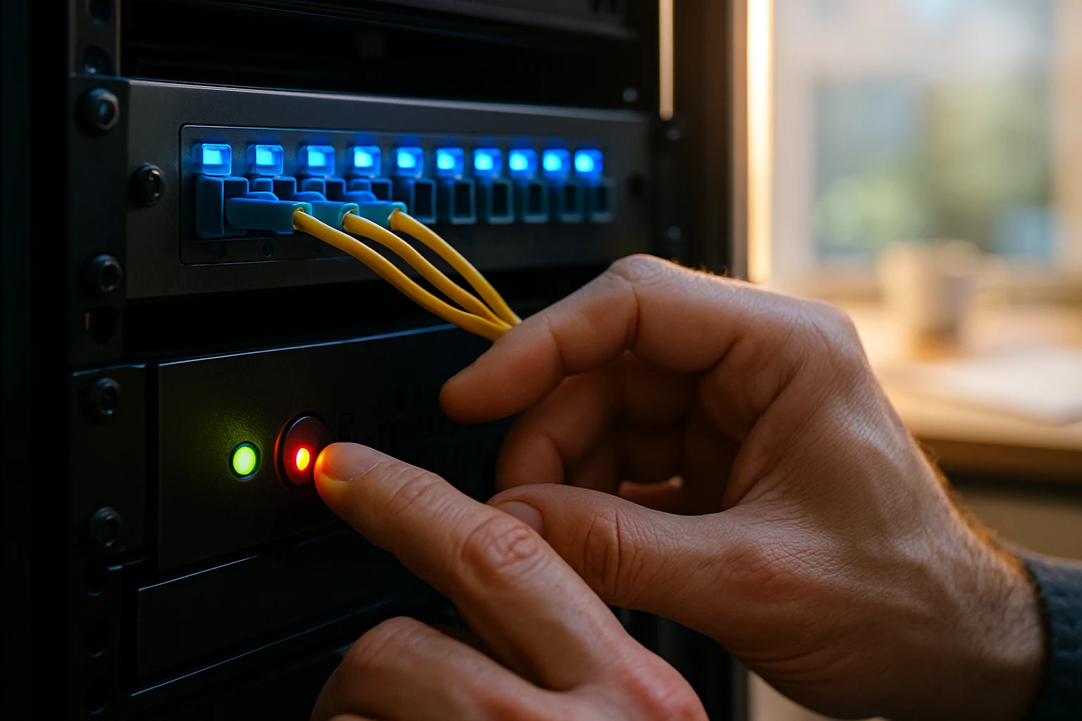 Technician's hands wiring a server patch panel