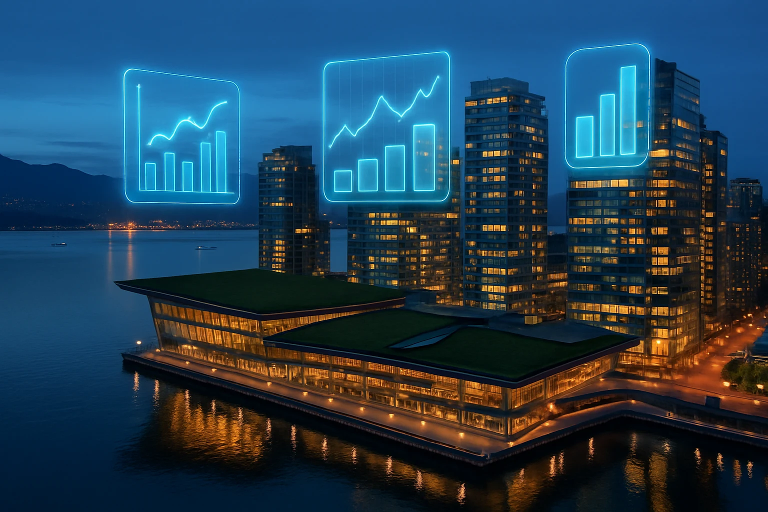 Dusk waterfront skyline with holographic growth indicators