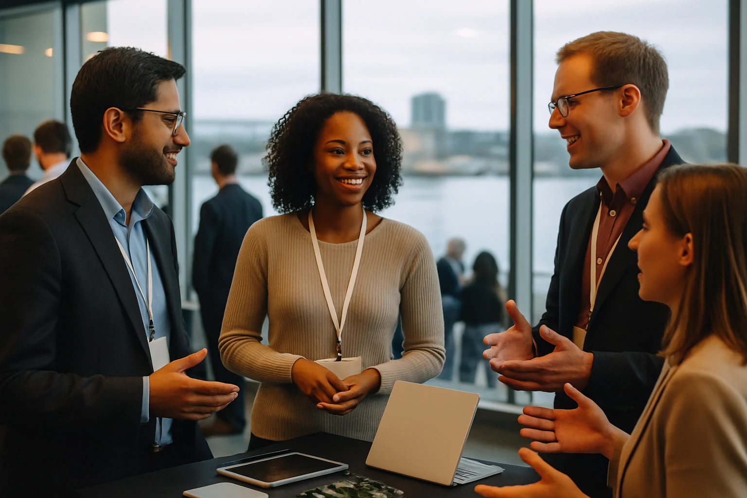 Candid conversation at a glass-walled conference space