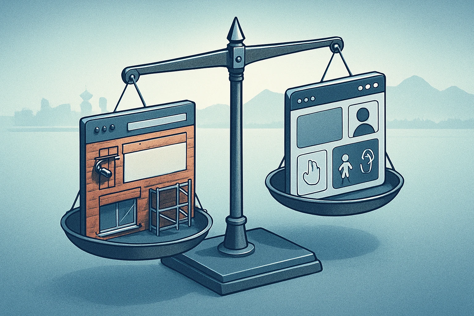 Isometric scale weighing two miniature site models against a harbor silhouette