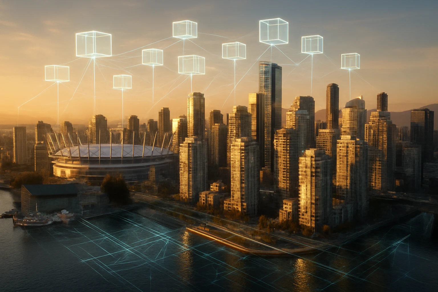 City skyline layered with translucent network holograms