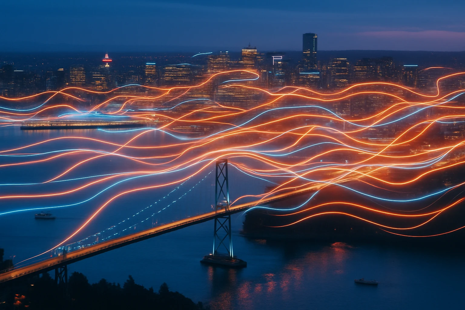 Night skyline with glowing light trails arching like data