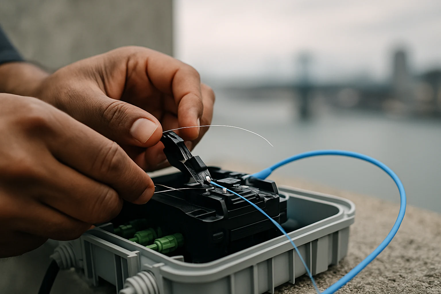 Close-up of hands splicing fiber with harbor blurred behind