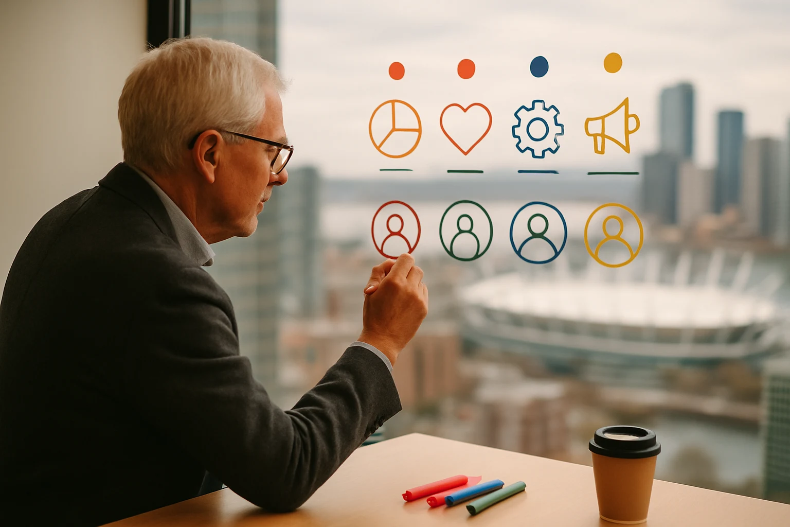 Strategist sketching icon-driven content plan on a glass wall