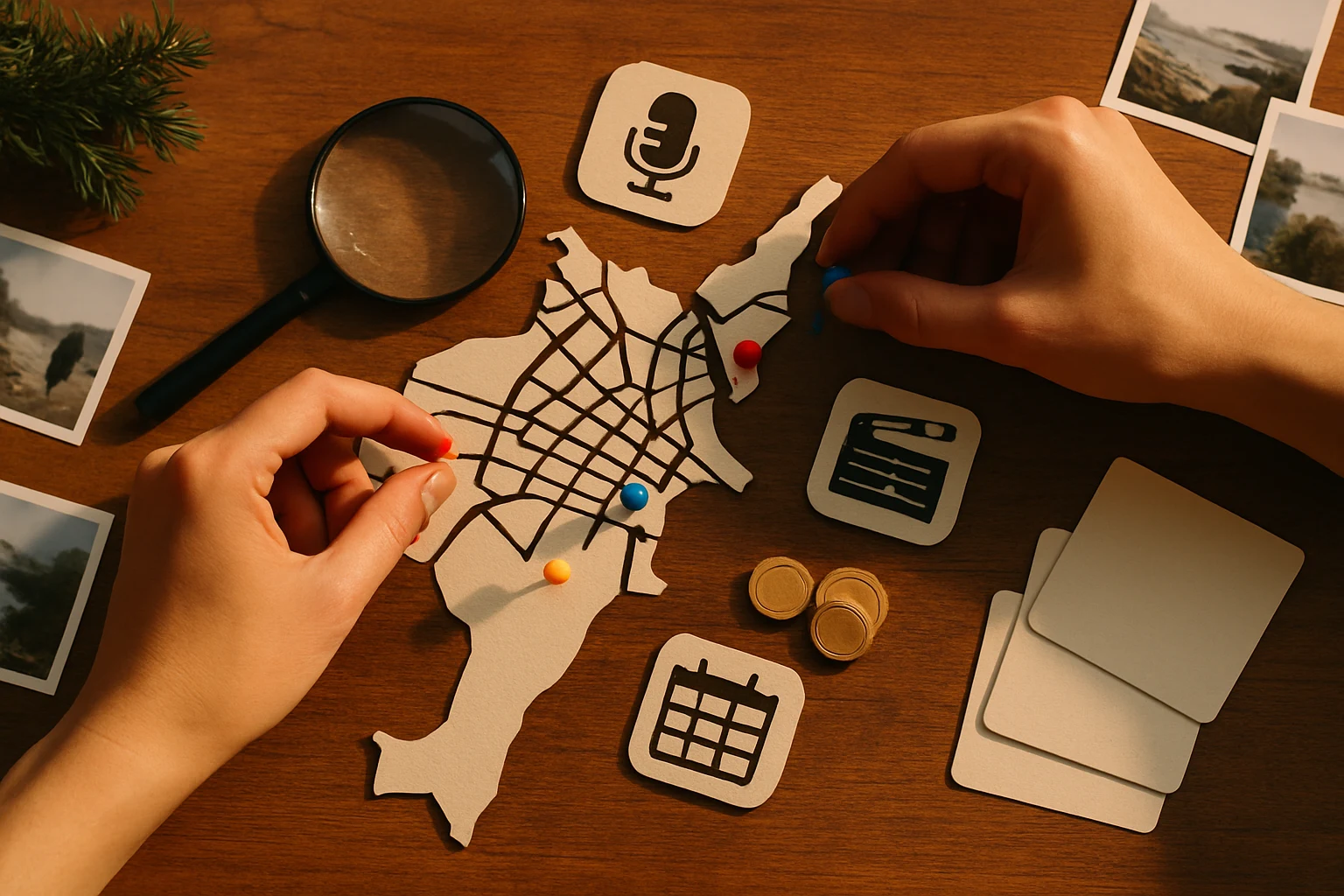 Overhead map with tokens and hands arranging neighbourhood pins