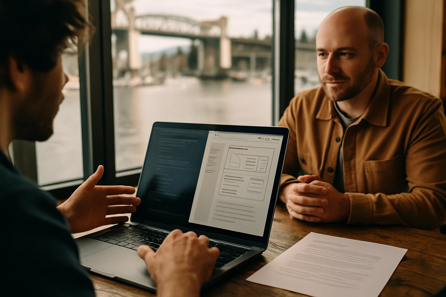 Two people reviewing project documents by the waterfront