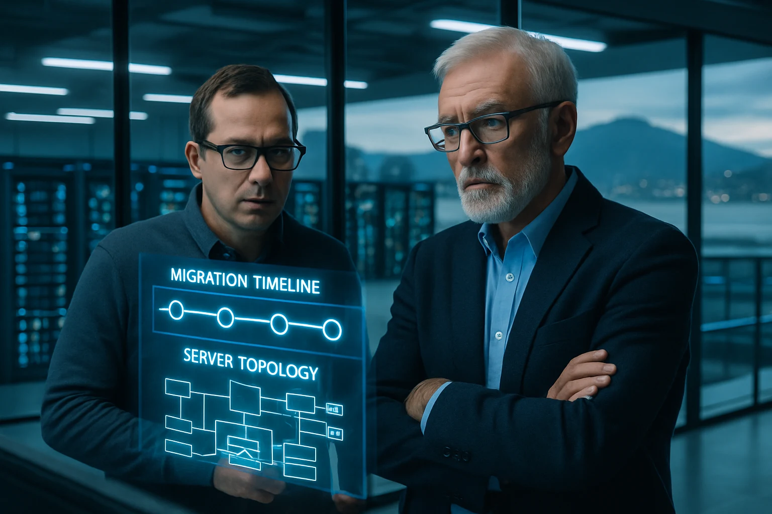 CTO and engineer review holographic timeline above racks