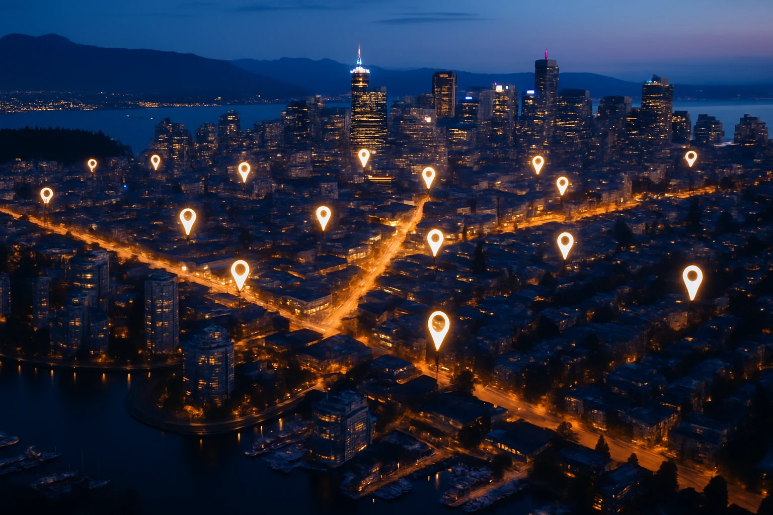 Dusk aerial of Vancouver with neighborhood lights