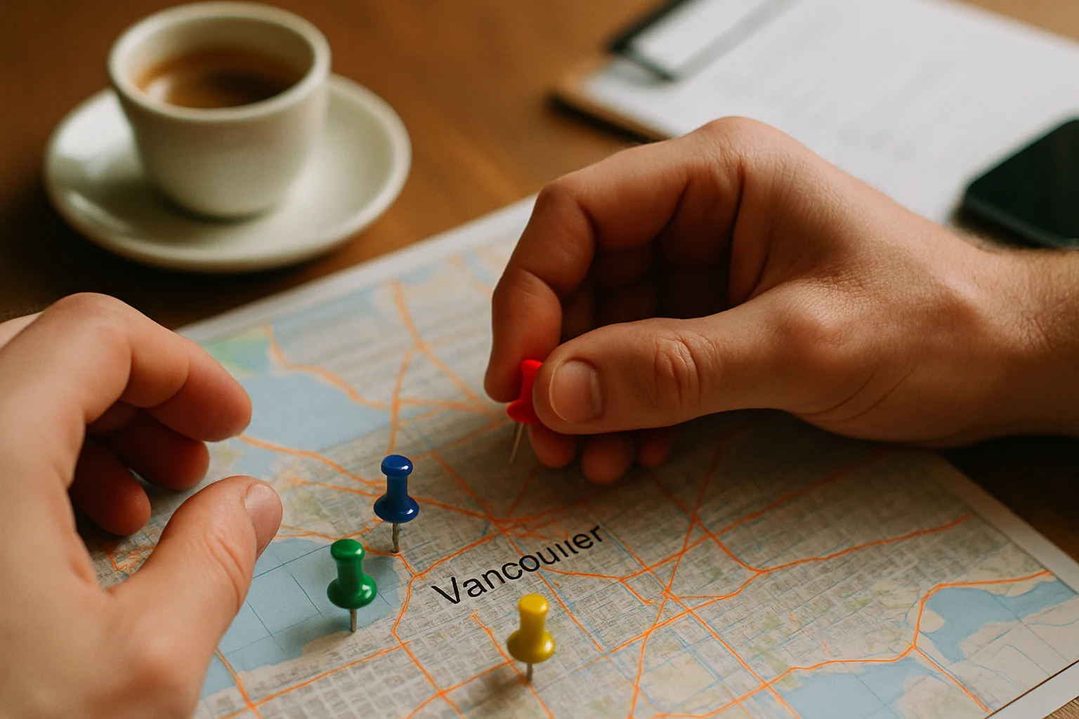Top-down close-up of hands placing pushpins on a city map