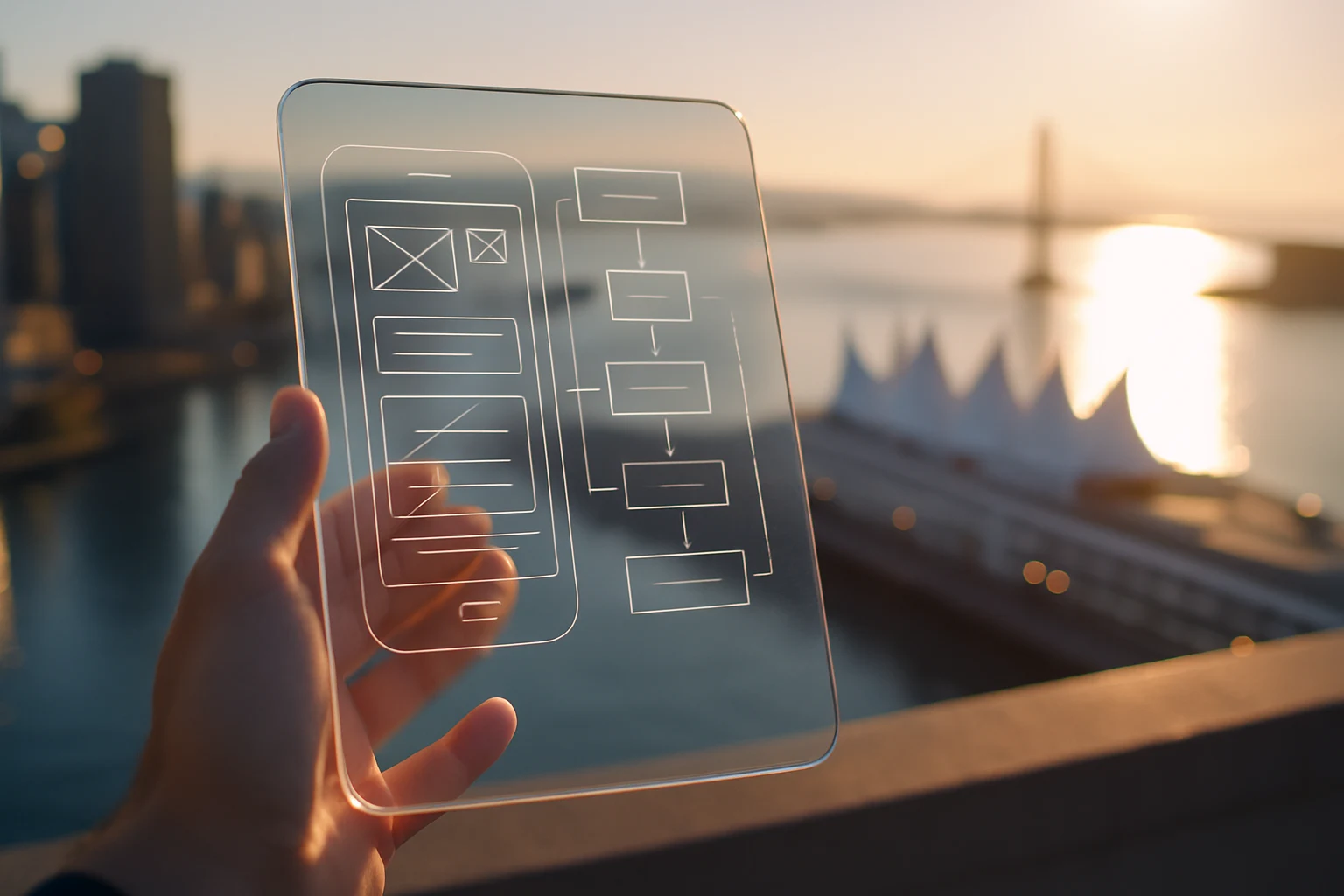 Tablet overlaying harbor skyline with layered interface sketches