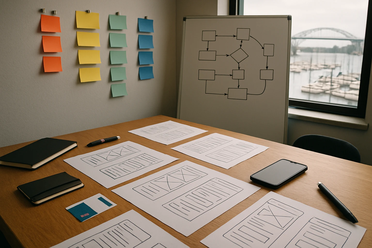 Sunlit studio table with pinned cards and whiteboard diagrams
