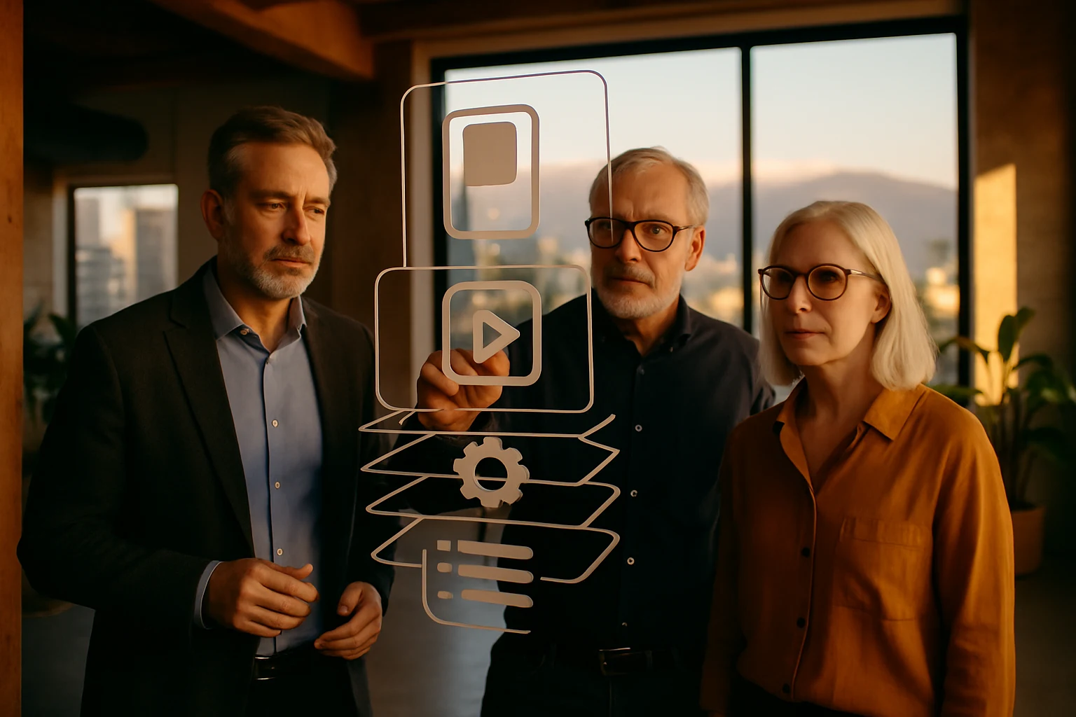 Team reviewing layered architecture with a city skyline.