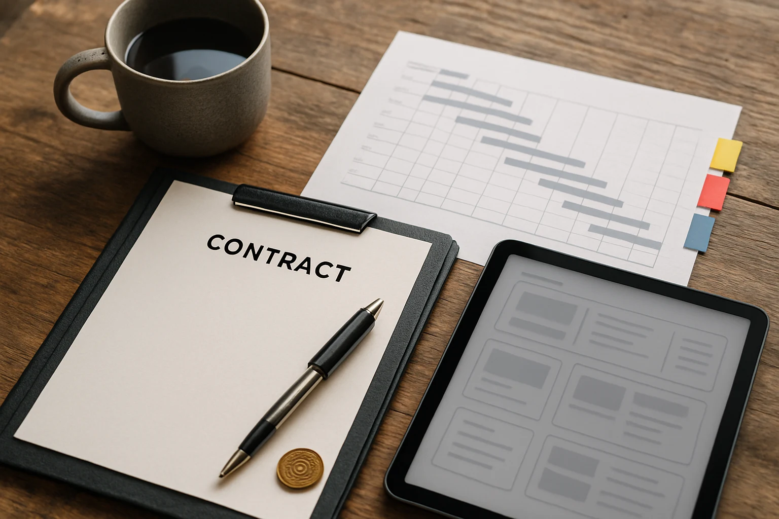 Flatlay of budget and timeline artifacts on a wood table.