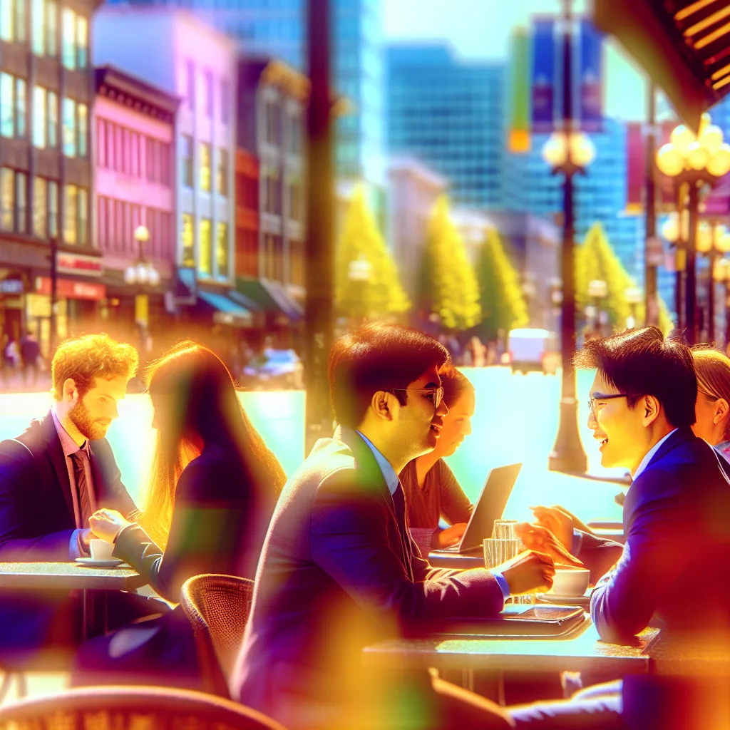 Vancouver Content Strategy - A bustling Vancouver street scene showing diverse professionals collaborating at a café. Natural light filters through the windows, highlighting discussions and laptops on the tables. Capture a mix of cultures, with a vibrant city backdrop showcasing iconic Vancouver architecture. Use a shallow depth of field to focus on the people while softly blurring the background, creating an engaging, candid content marketing Vancouver effective content creation