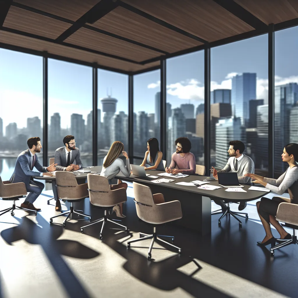 Vancouver Content Strategy - A modern office interior in Vancouver showcasing a content strategy brainstorming session. The space is filled with natural light, featuring large windows with a view of the city skyline. A diverse group of professionals is gathered around a sleek conference table, deep in discussion with laptops and notes in front of them. Capture the energy and focus on their faces, using a clean, professional,  content marketing Vancouver effective content creation