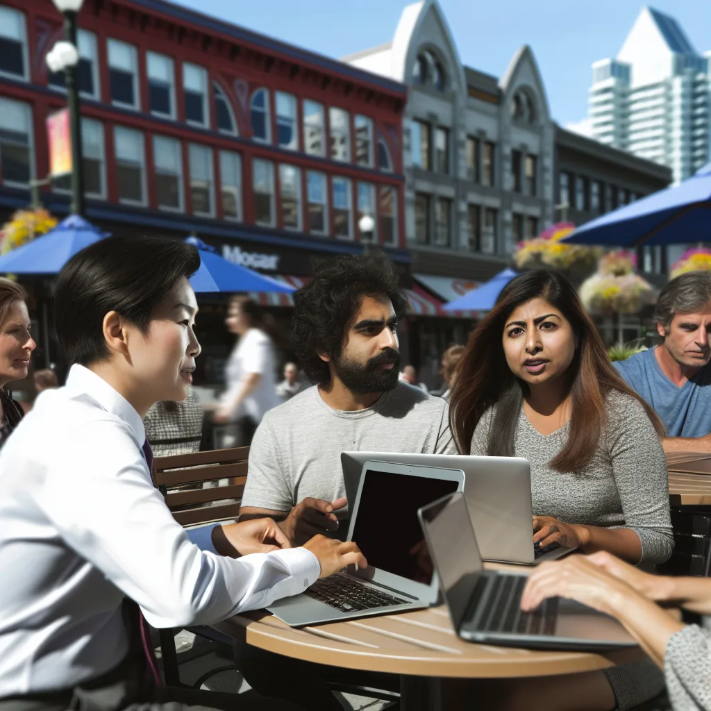 Vancouver website optimization - A bustling Vancouver city street with professionals using laptops at outdoor cafes, showcasing people engaged in website optimization tasks. Natural light illuminates the scene, with a shallow depth of field focusing on a woman discussing site speed with a colleague. The background features iconic Vancouver architecture, enhancing the local context. Photorealistic, DSLR quality. site speed SEO best practices