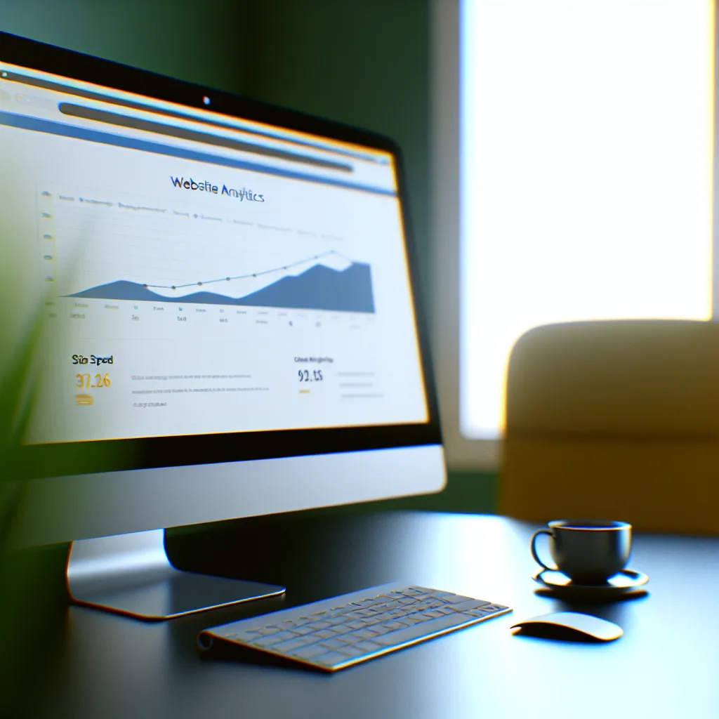 Vancouver website optimization - A close-up of a computer screen displaying website analytics, with graphs and site speed metrics highlighted. The setting is a modern office desk with a plant and coffee cup in the background, bathed in natural light. The image captures a moment of concentration, emphasizing the importance of SEO best practices. Photorealistic, shallow depth of field. site speed SEO best practices