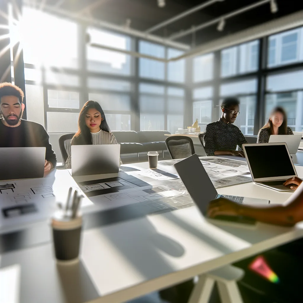 Best Web Development Companies Vancouver - A modern office space in Surrey with a team of diverse web developers collaborating at a large table. The scene captures natural light streaming through large windows, creating a vibrant and energetic atmosphere. The focus is on their laptops and design sketches, showcasing the tech-driven environment. Shot with a DSLR, shallow depth of field to emphasize teamwork and creativity. web design Vancouver agencies