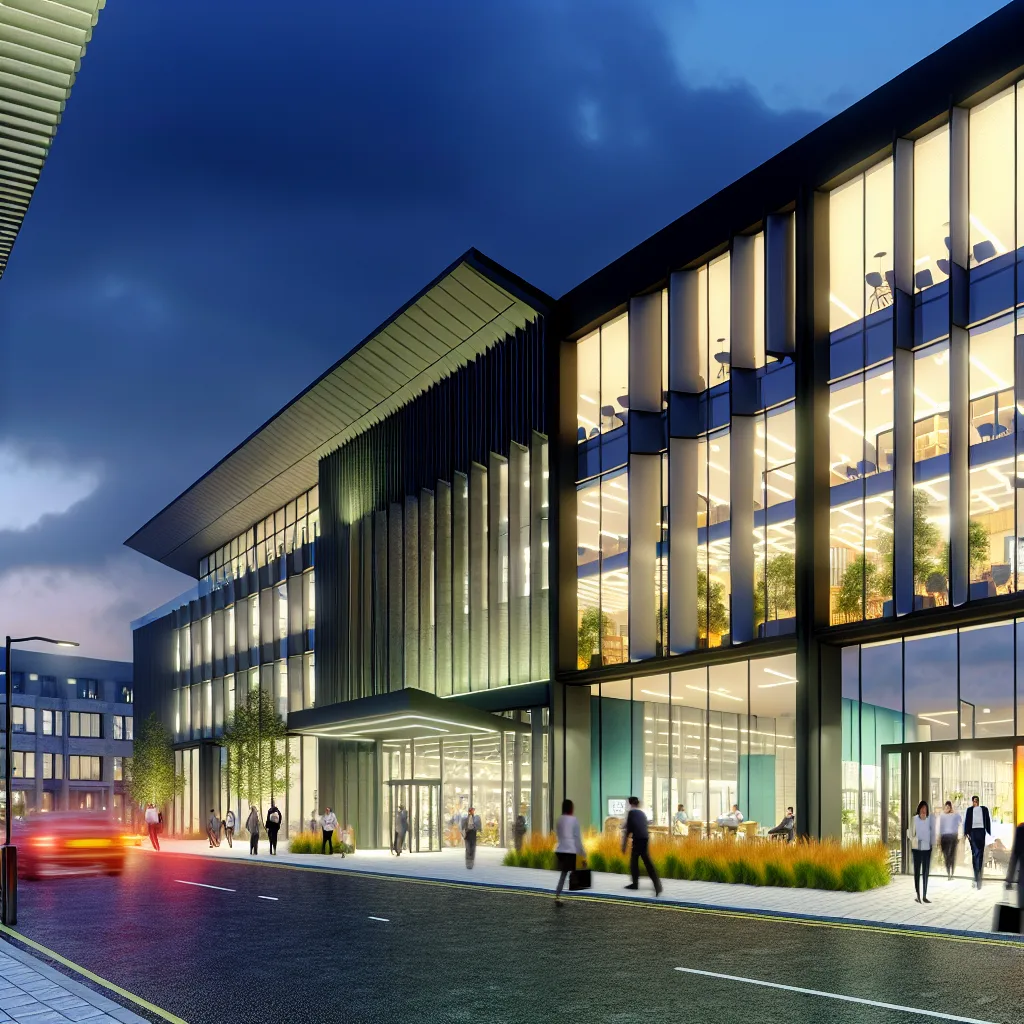 Best Web Development Companies Vancouver - An exterior shot of a trendy web development agency in Surrey, featuring a sleek, contemporary building with large glass windows. The scene is set in the early evening, with warm lighting and a bustling street atmosphere. The agency's entrance is inviting, with subtle landscaping and people walking by, capturing the essence of local tech innovation in Vancouver. web design Vancouver agencies