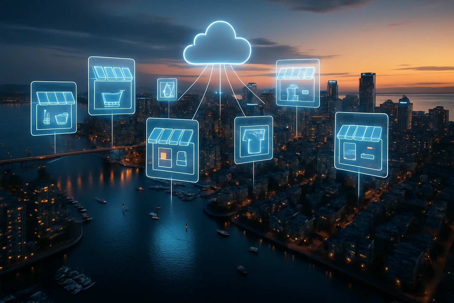 Vancouver skyline with floating digital storefront panels