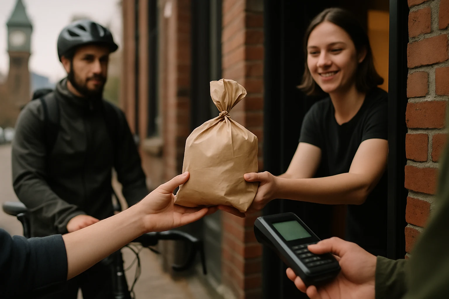Gastown shop handing a curbside order to a bike courier