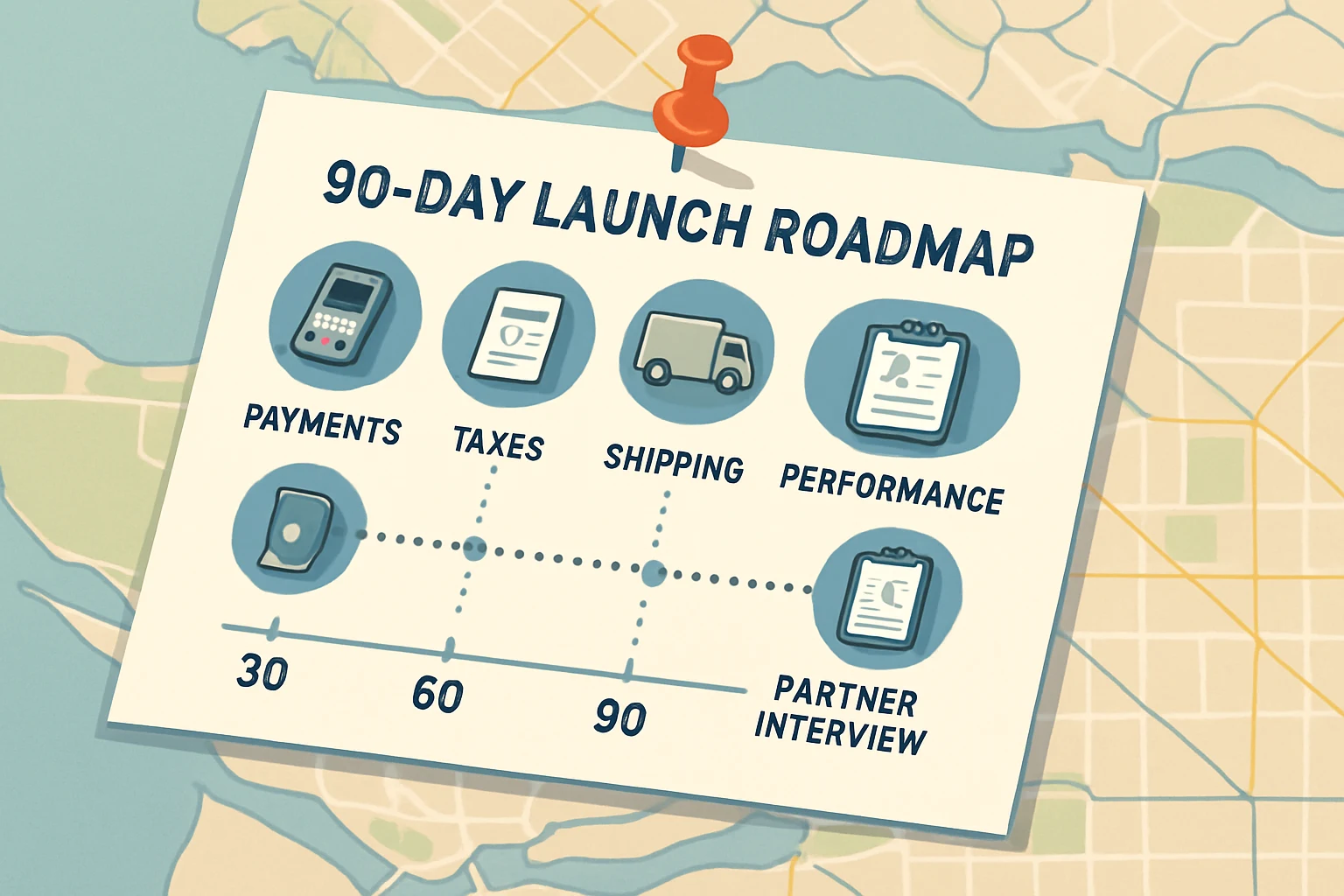Isometric 90‑day launch roadmap over a stylized coastal city map