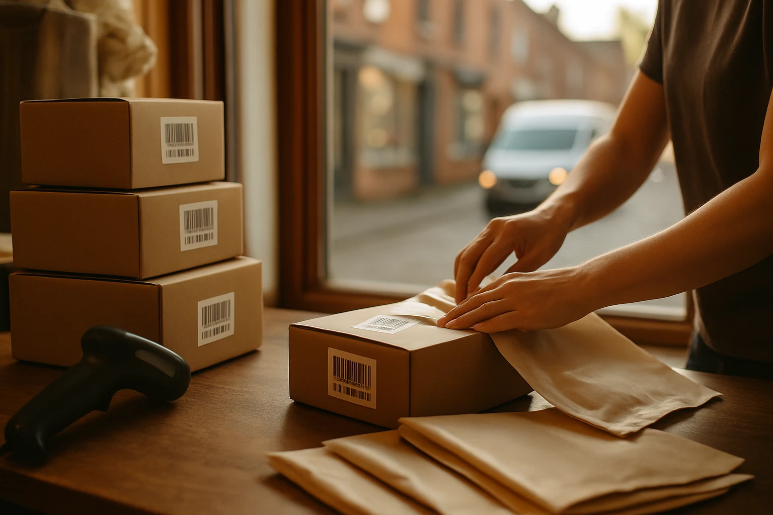Shopkeeper packing same‑day parcels by a cobblestone window