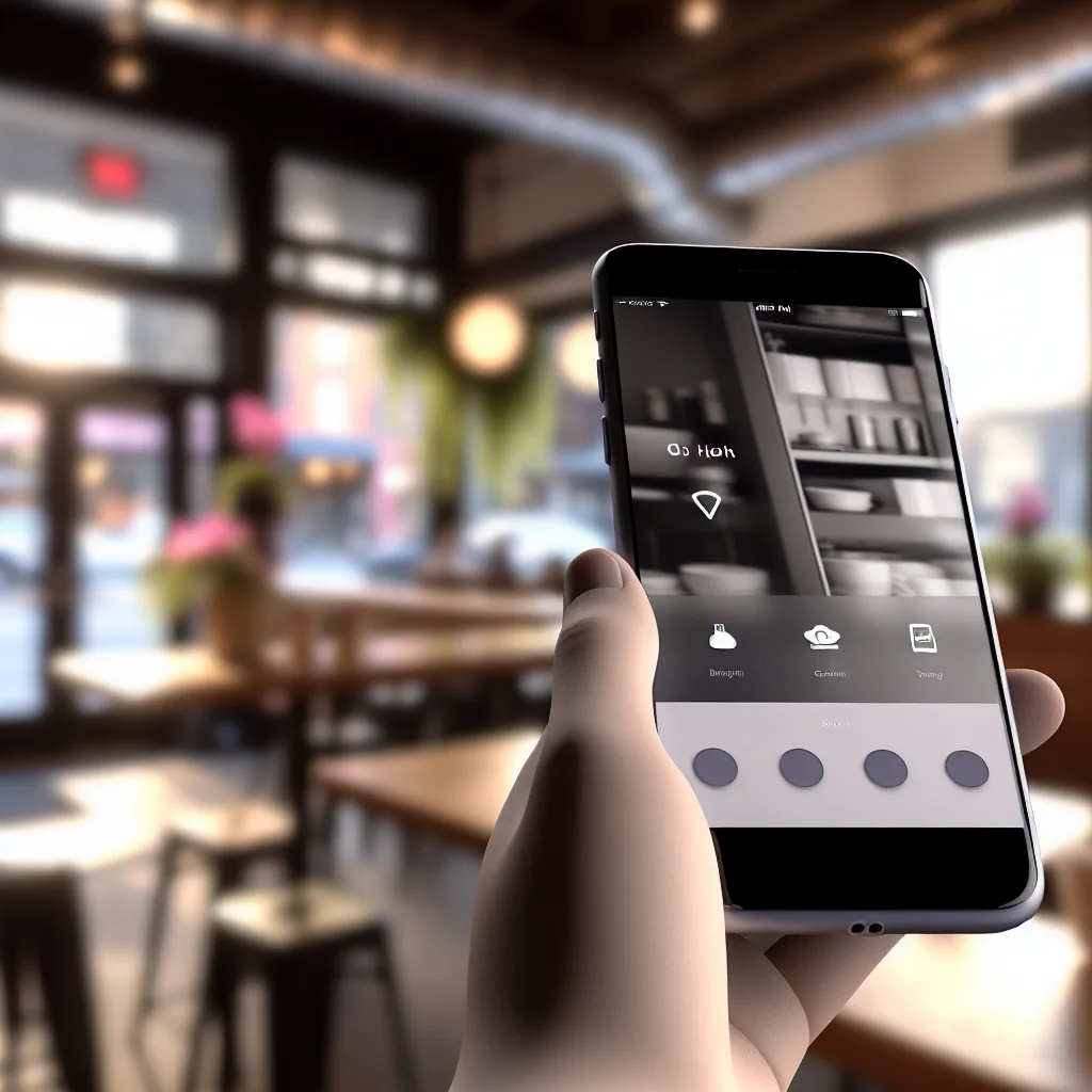 mobile app trends 2024 - A close-up shot of a smartphone displaying a mobile app interface with interactive elements, set against a blurred background of a coffee shop in Vancouver. Soft, natural light filtering through the window, creating a warm and inviting atmosphere. Focus on the details of the app's design, showcasing user-friendly features and sleek aesthetics. Photorealistic, shallow depth of field. technology trends Vancouver apps