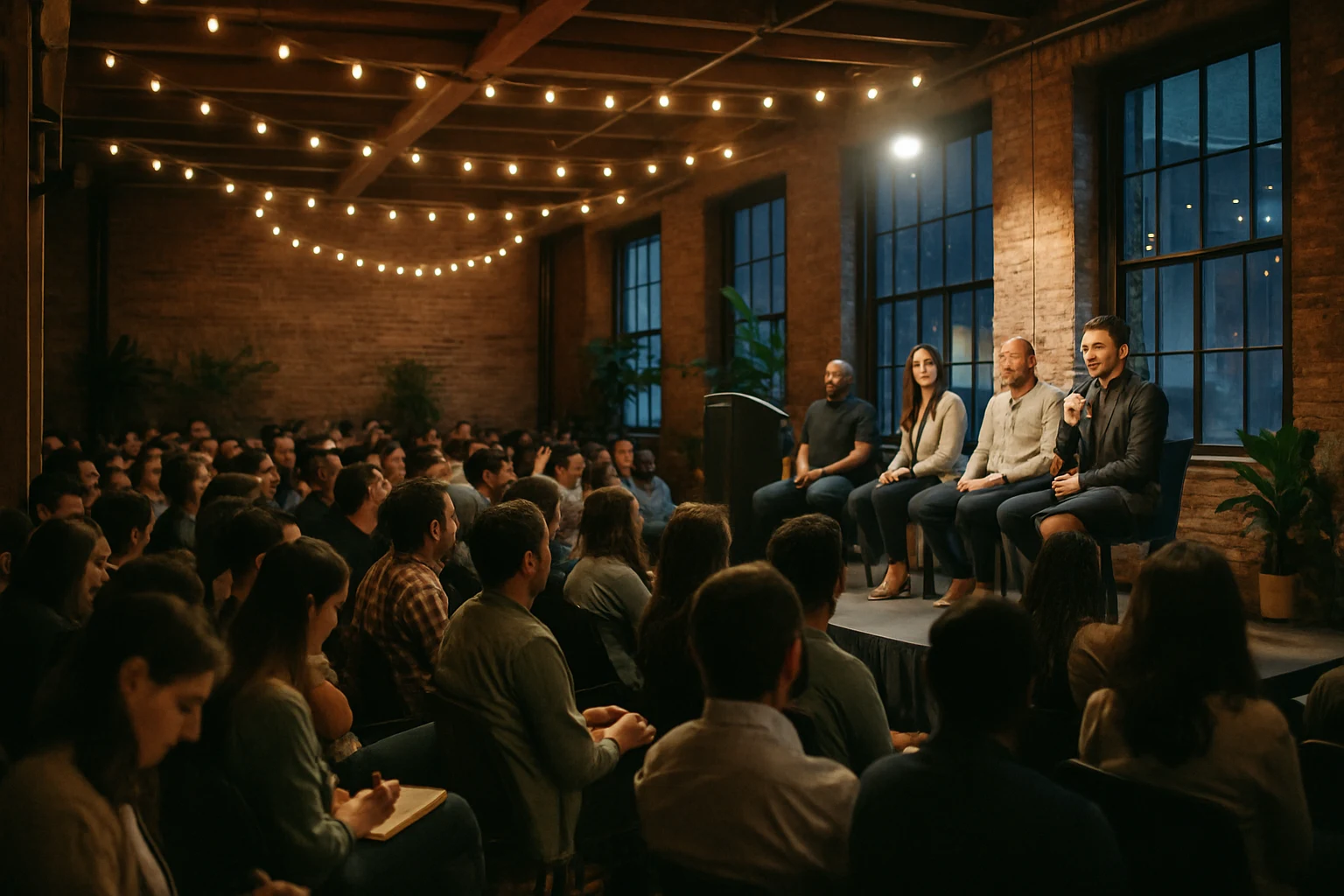 Evening founder panel in a converted brick venue