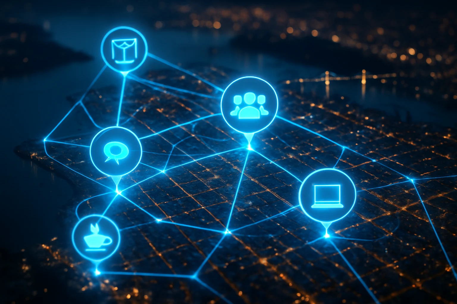 Glowing aerial node map of the city showing meetup connections
