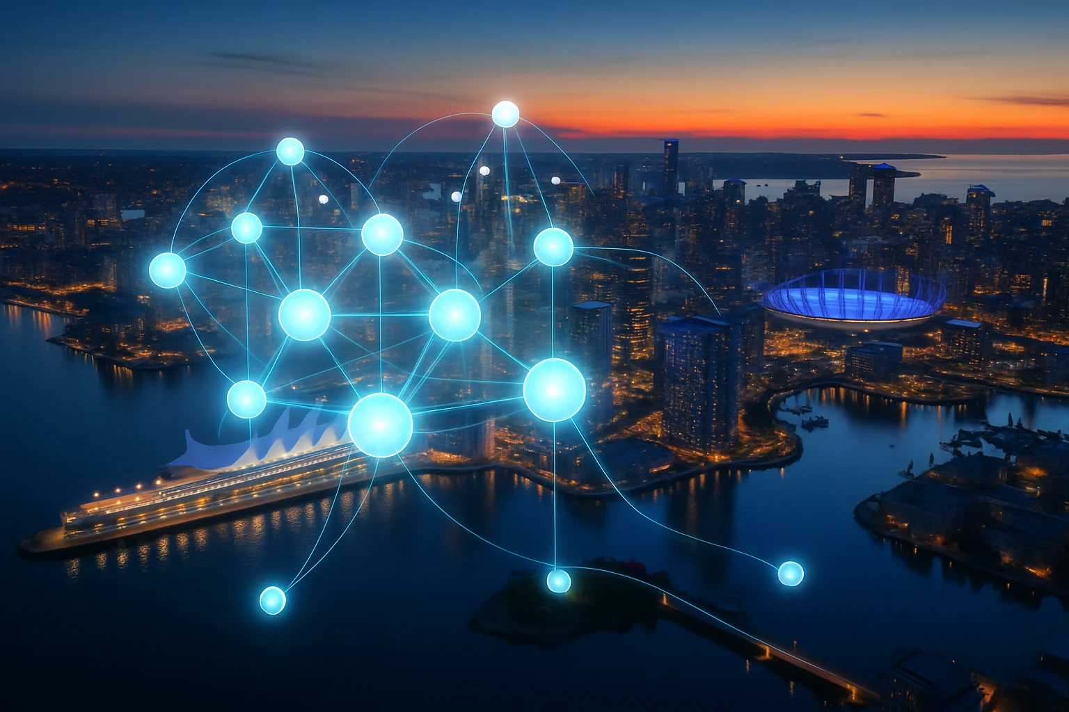 Dusk skyline with luminous network overlays