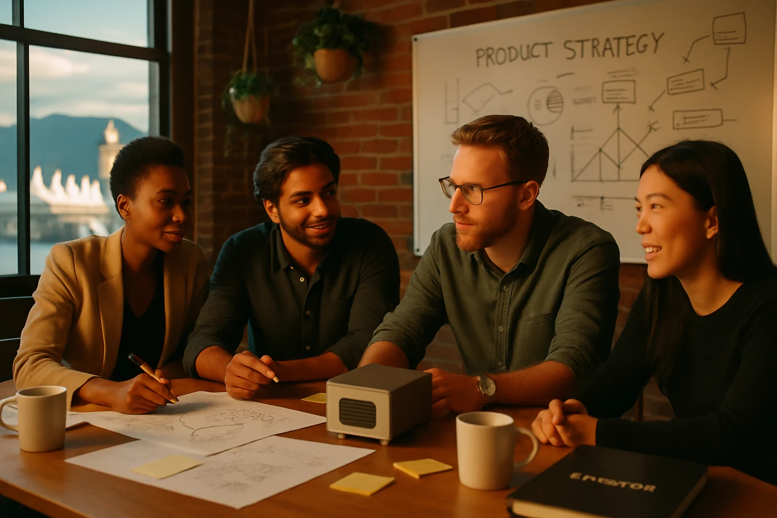Founders meeting in a Vancouver loft with waterfront view