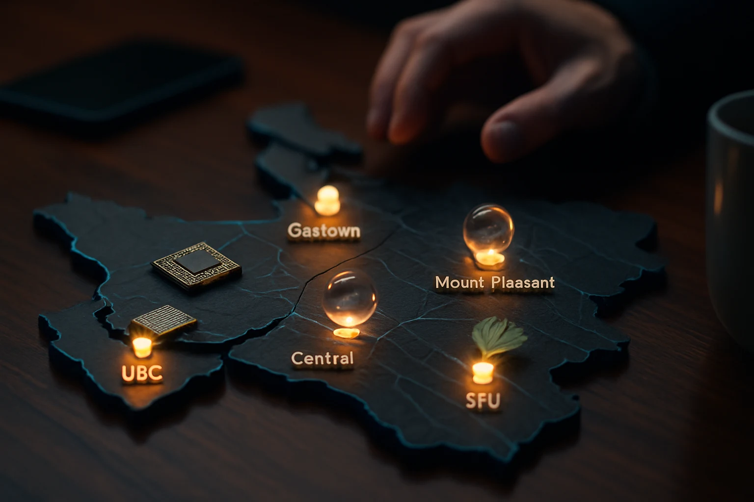 Tactile illuminated map of Vancouver startup districts on a table