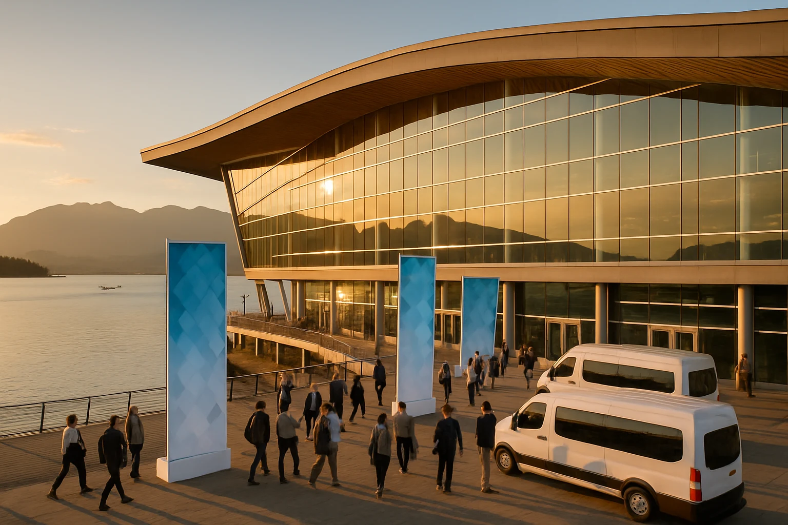 Waterfront conference venue at sunset with attendees arriving