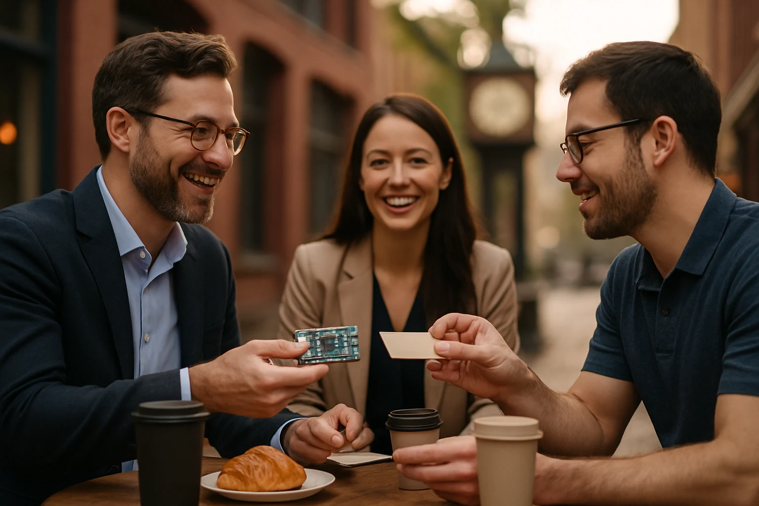 Three professionals deep in conversation at an outdoor café