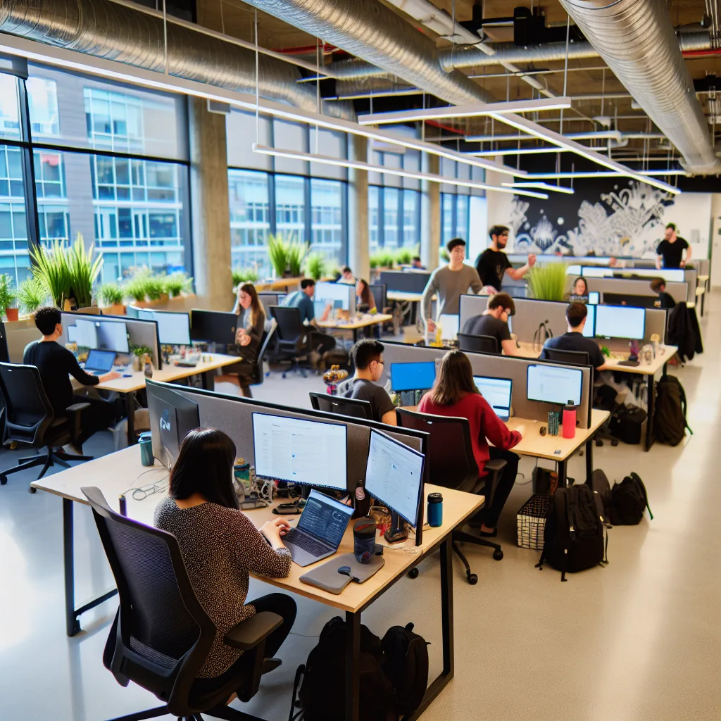 Vancouver Tech Startups - A bustling Vancouver tech startup office interior, showcasing diverse team members collaborating at desks with laptops. Natural light streams through large windows, highlighting a modern, open layout with tech gadgets and plants. The camera angle is slightly elevated, capturing the dynamic atmosphere of innovation and teamwork. Photorealistic with a professional tone. startup ecosystem Vancouver Vancouver innovation