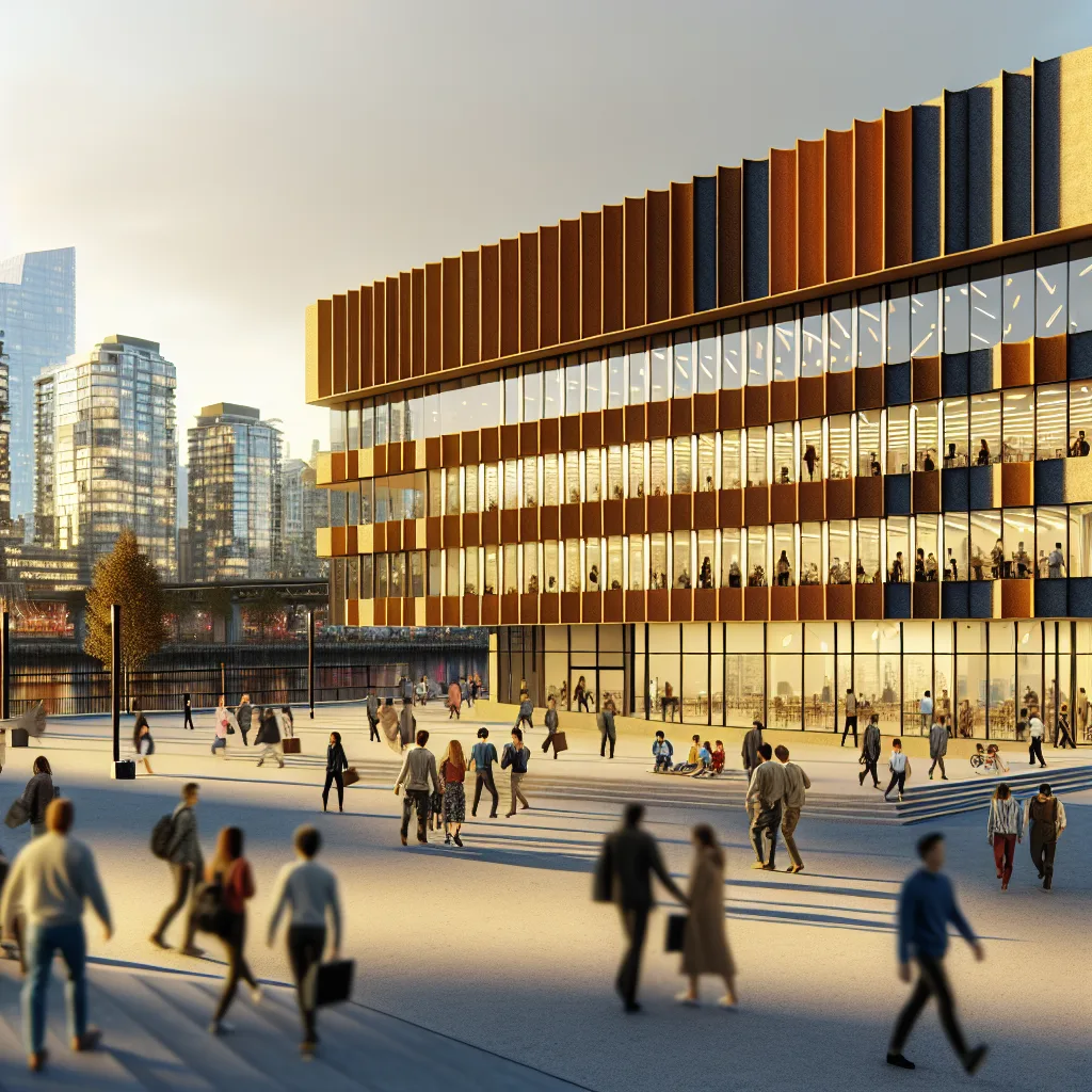 Vancouver Tech Startups - An exterior shot of a modern Vancouver tech hub building, with the city skyline in the background. The scene is bathed in warm, golden hour light, creating a welcoming atmosphere. People are entering and exiting, some engaged in conversation. The composition emphasizes the building's architecture, showcasing its significance in the startup ecosystem. Photorealistic, taken with a DSLR, shallow DOF. startup ecosystem Vancouver Vancouver innovation