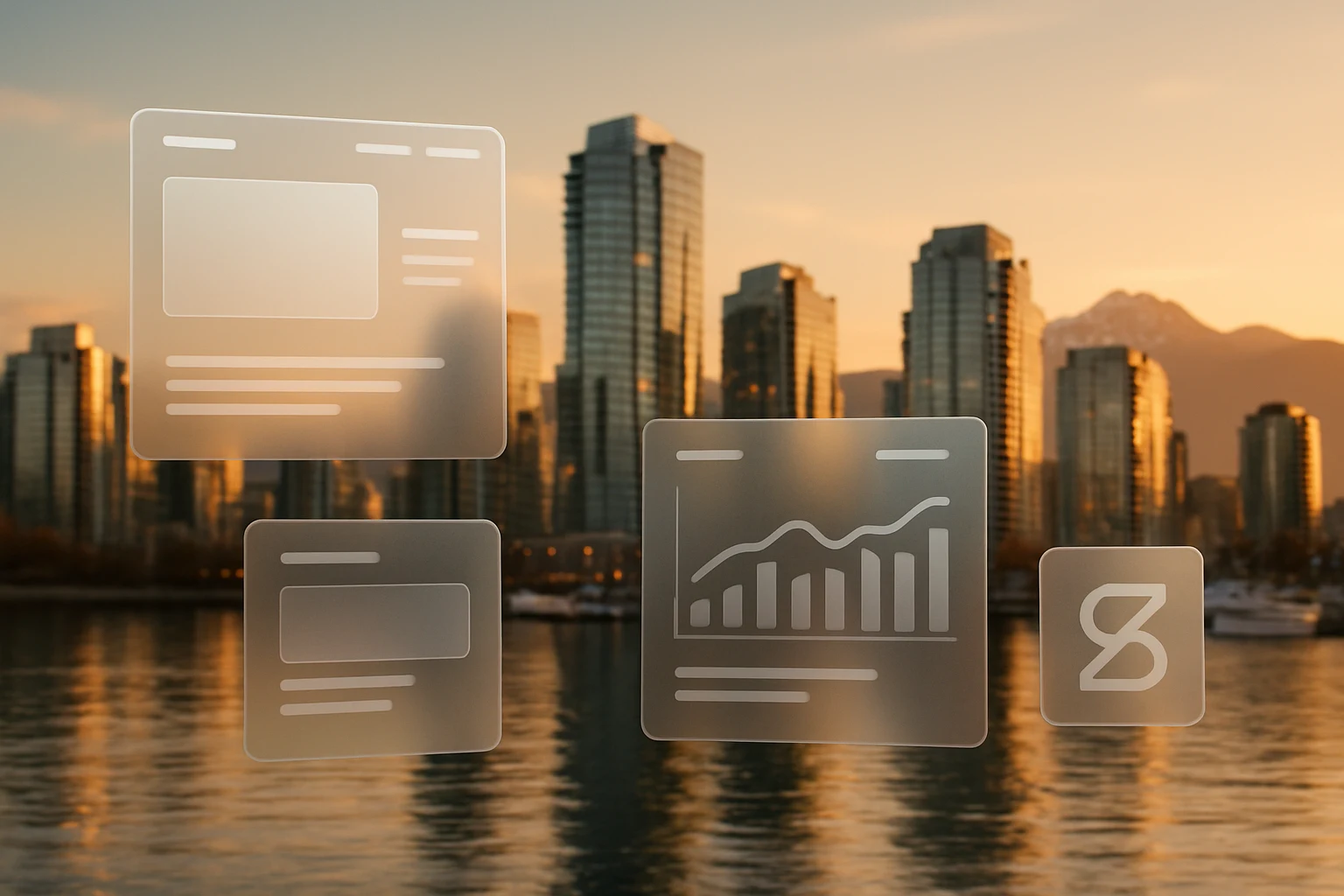 Harbor skyline with translucent UI panels floating above water