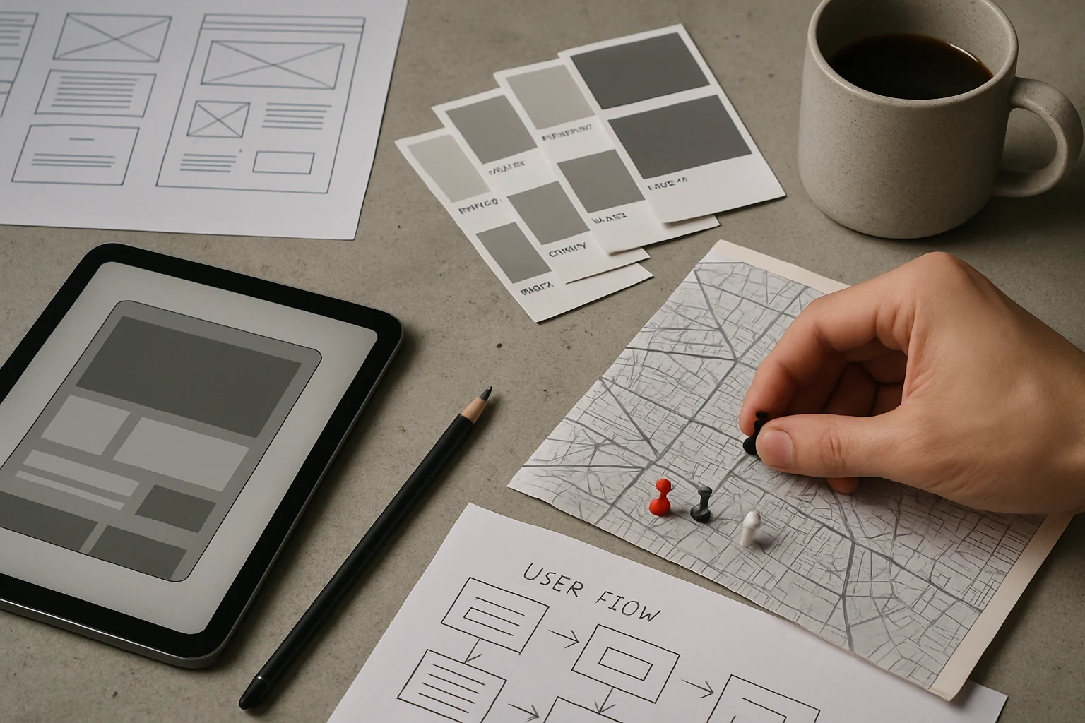 Flatlay of design sketches, color swatches and a folded city map