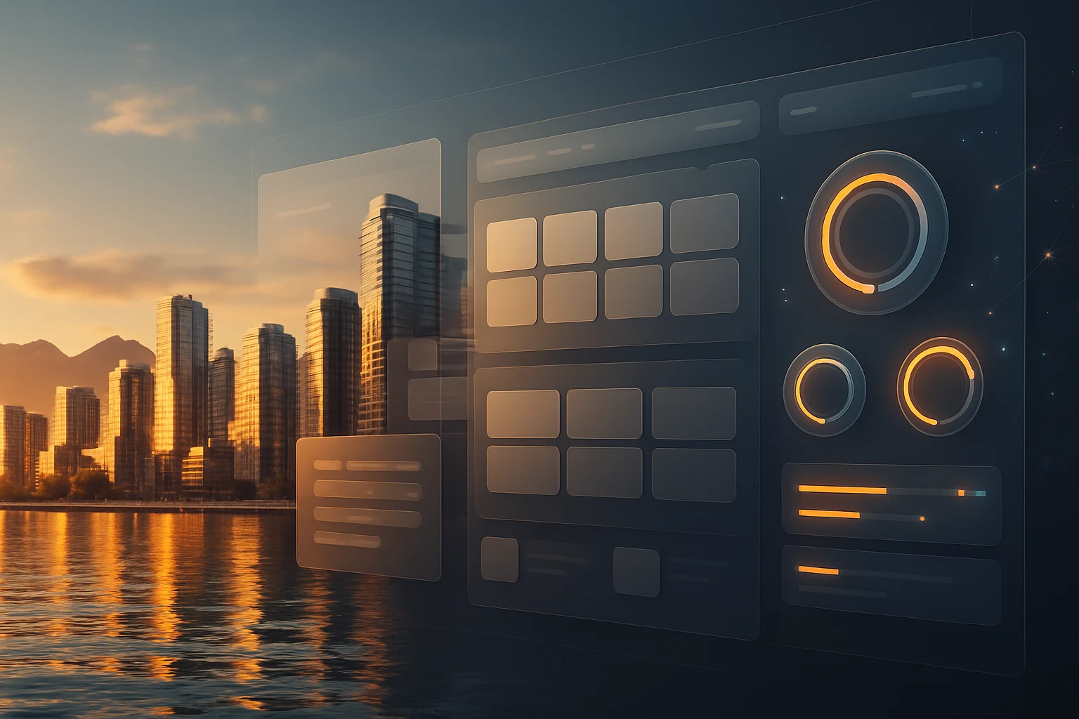 Vancouver skyline transforming into a layered website layout
