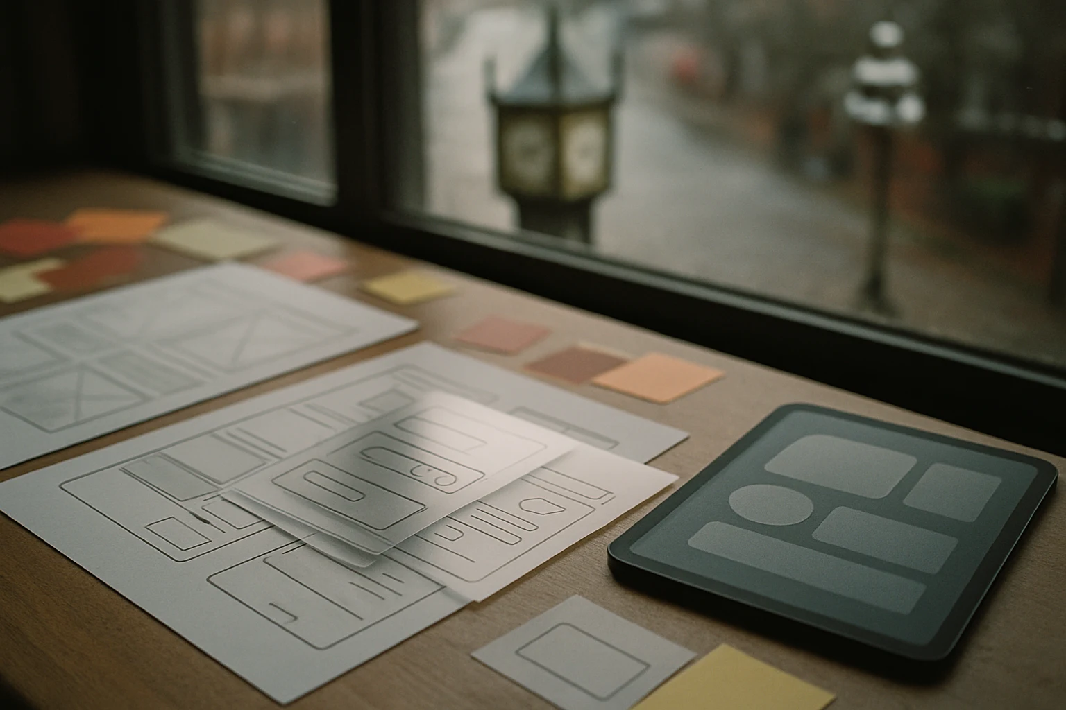 Printed prototypes and translucent mockups by a waterfront window
