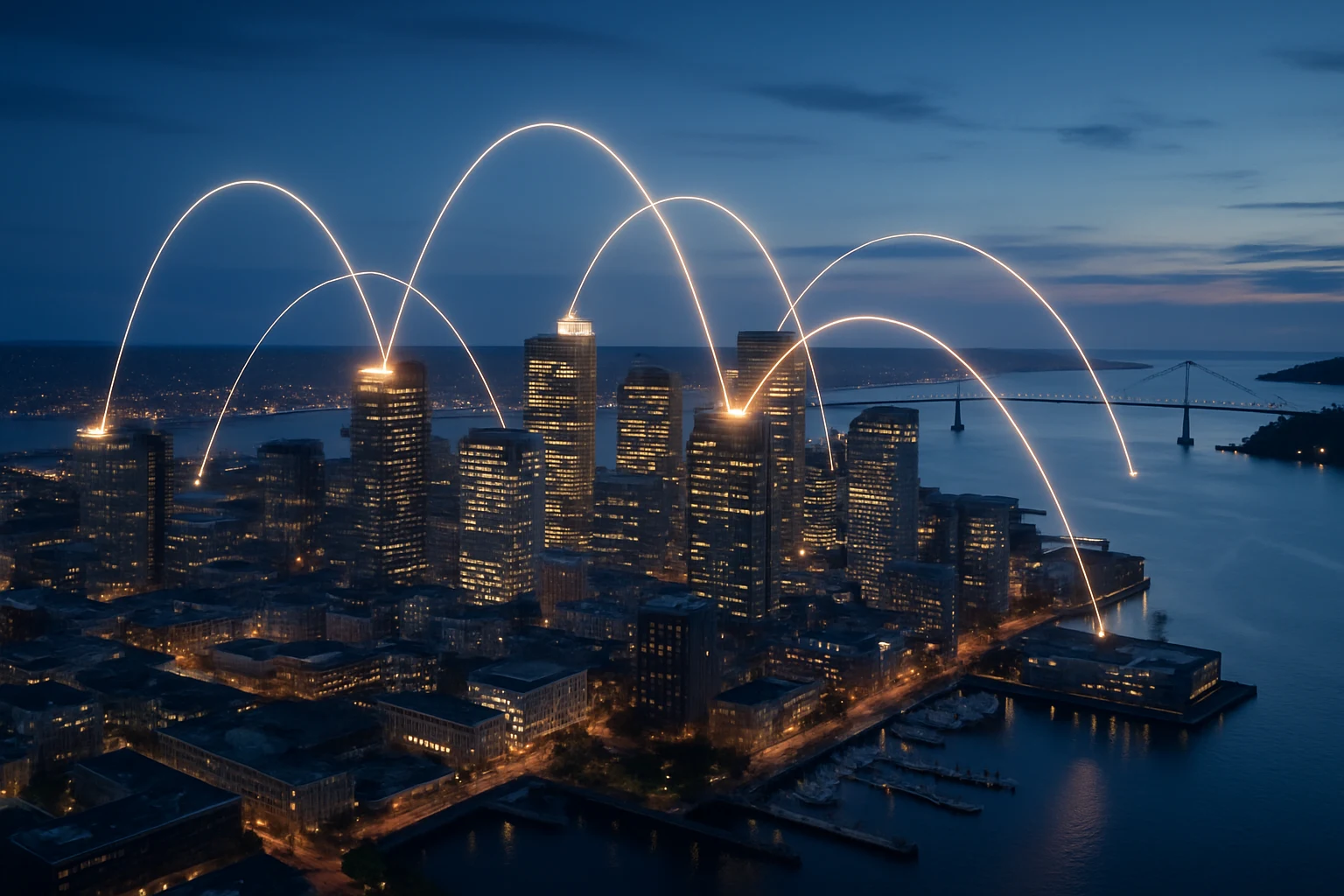 Dusk skyline threaded with glowing connection lines