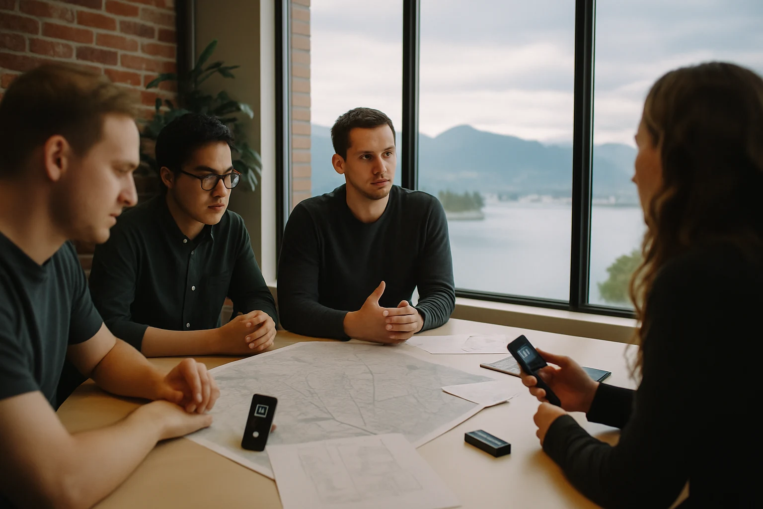 Startup team collaborating in a waterfront Vancouver office