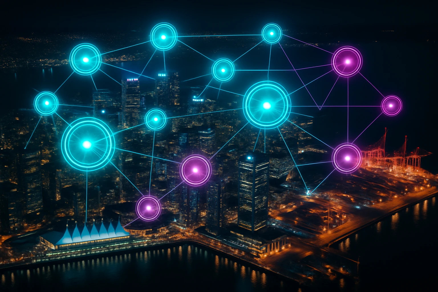 Night aerial of Vancouver connected by glowing network nodes