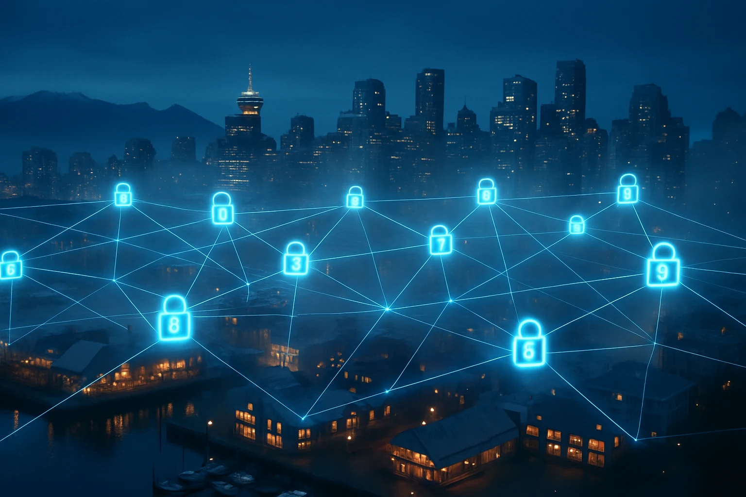 Dusk cityscape with glowing network nodes