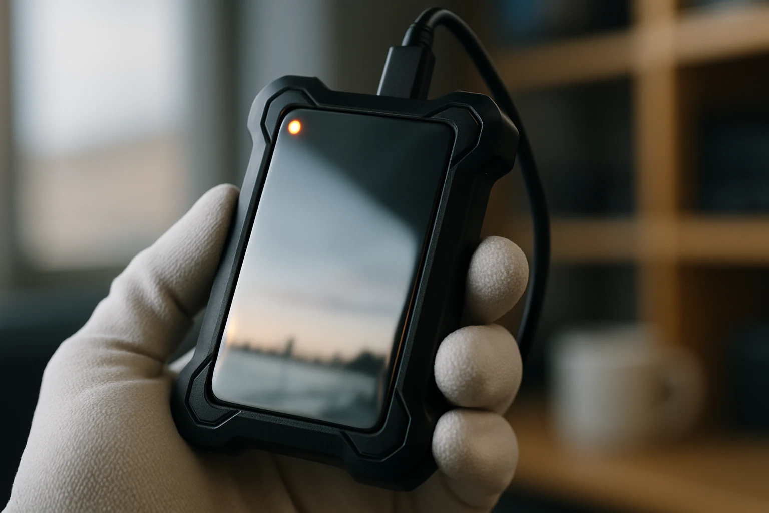 Hands holding a rugged backup drive with city reflection