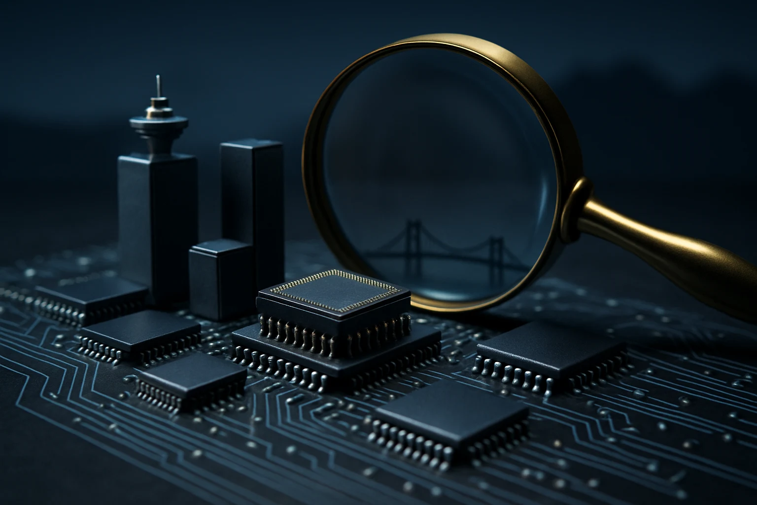 Miniature chip skyline under a magnifying glass